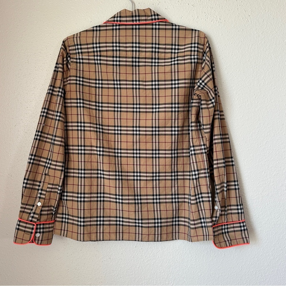 Burberry Tan Plaid Button-Up Shirt with Pink Trim Detail - Picture 5 of 13